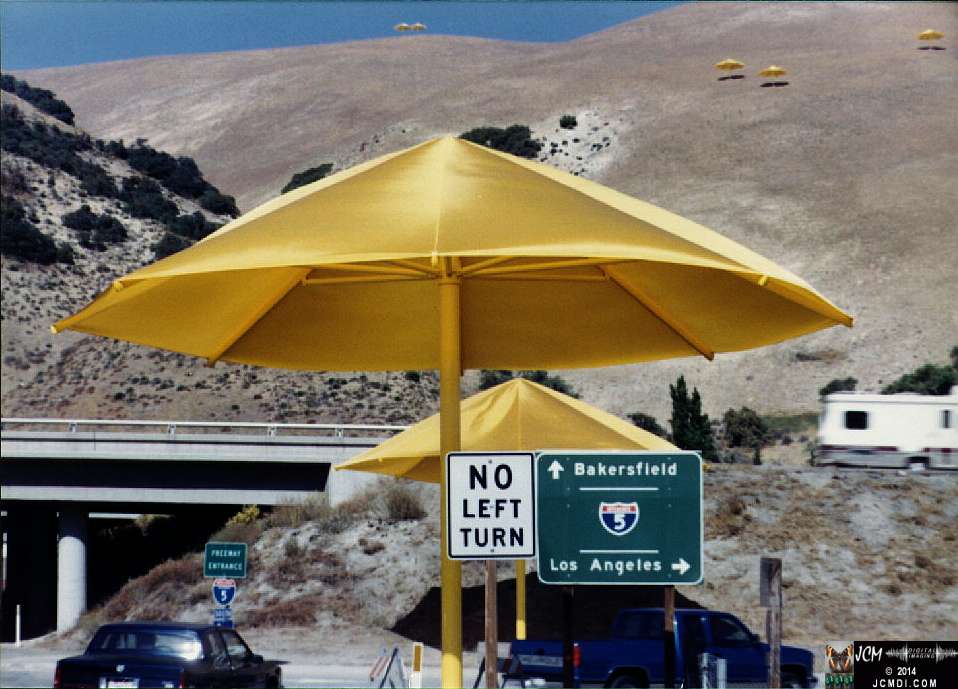 1760 Giant Yellow Umbrella Art Exhibit in Gorman California by Christo Javacheff of Bulgaria, October 1991. JCMDI.COM